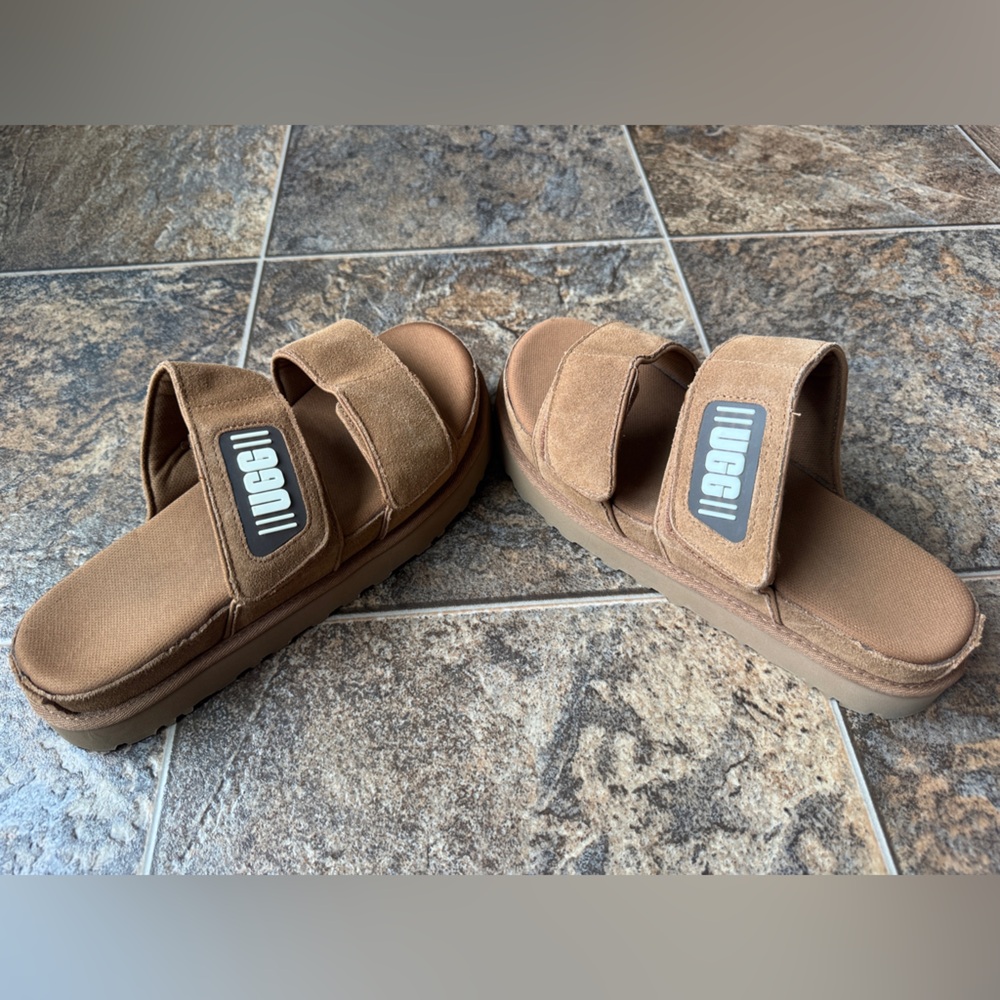 UGG Greer Suede Platform Slip-On Logo Slide Sandals- Chestnut Tan Women’s Size 9